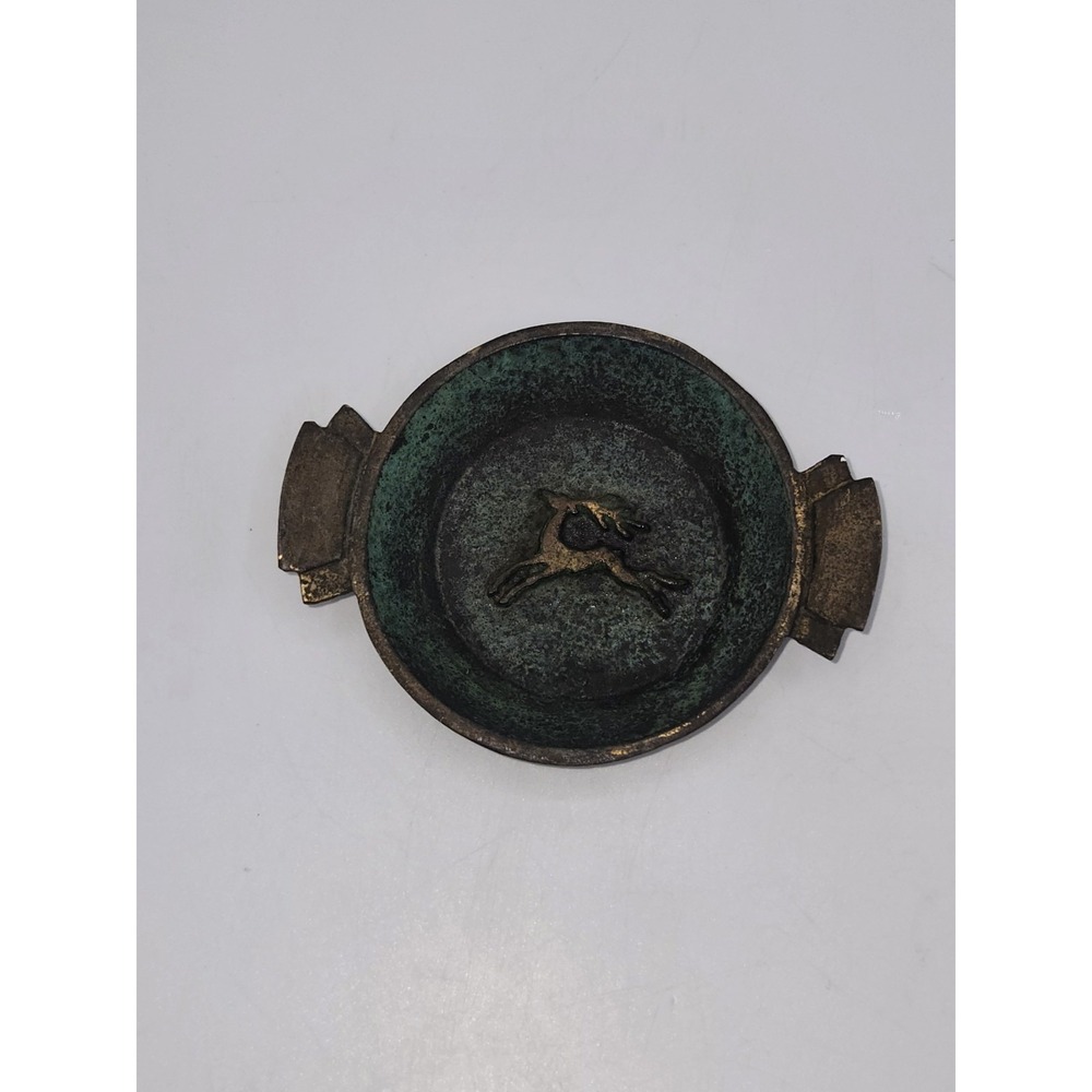 Vintage Made in Israel Bronze Tone Gazelle Ashtray Green Patina Trinket Dish